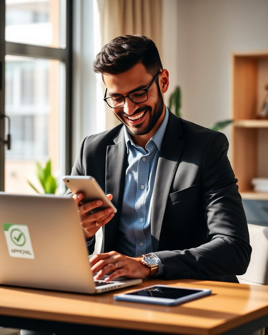 Cliente aprovado sorrindo ao ver seu rating no celular