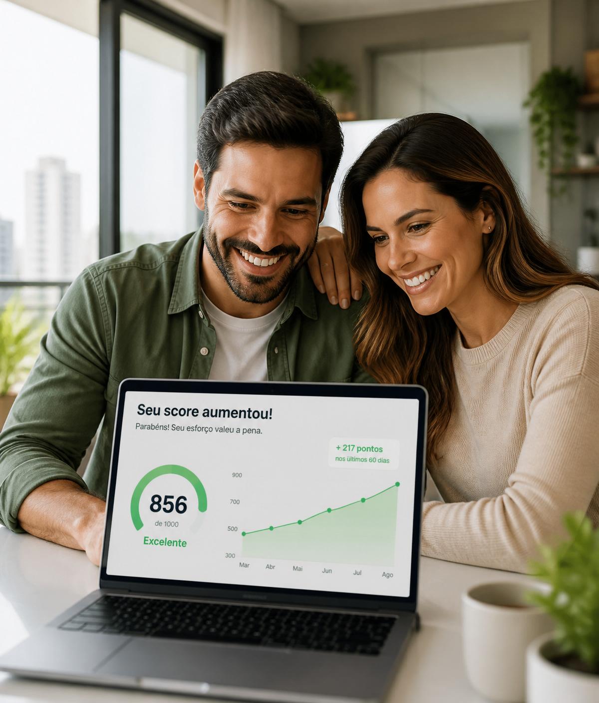 Casal comemorando aumento do score e aprovação de crédito após seguir o plano de atualização do rating